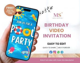 Pool Party Birthday Video Invitation, Swimming Pool Birthday Party, Summer Birthday Party, Editable Canva Video Template