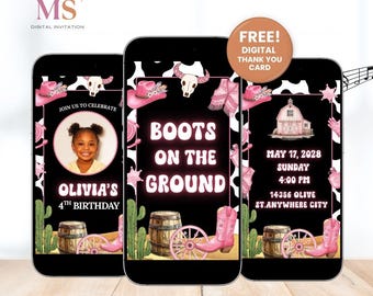 Convite de aniversário "Boots on the Ground", convite em vídeo para festa country, convite "Saddle Up Cowgirl", modelo de vídeo editável no Canva