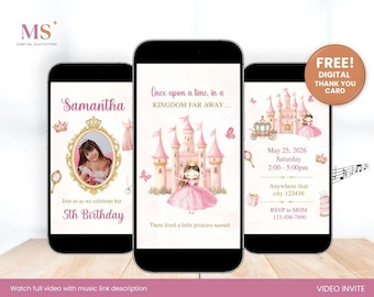 Convite digital de aniversário de princesa, modelo editável para celular, convite para festa de princesa para meninas, modelo de vídeo editável para Canva.
