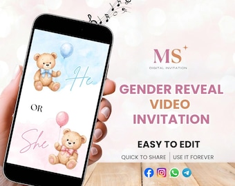 Invitación digital para revelar el género del bebé, invitación con osito de peluche, video animado para revelar el género del bebé, descarga instantánea editable