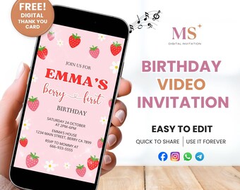 Invitación de video para primer cumpleaños de Berry, invitación editable para el primer cumpleaños de niña, plantilla de video de Canva