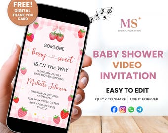 Convite em vídeo para chá de bebê com tema de morango (download digital)