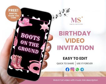 Convite de aniversário "Boots on the Ground", convite em vídeo para festa country, convite "Saddle Up Cowgirl", modelo de vídeo editável no Canva