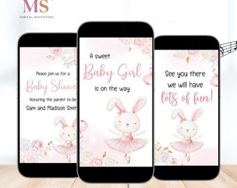 Convite em vídeo para chá de bebê com coelhinho, tema floral rosa da floresta, modelo editável do Canva