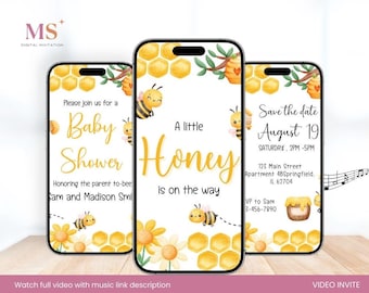 Convite de chá de bebê editável com vídeo para chá de bebê, convite animado para pais de abelhas para chá de bebê