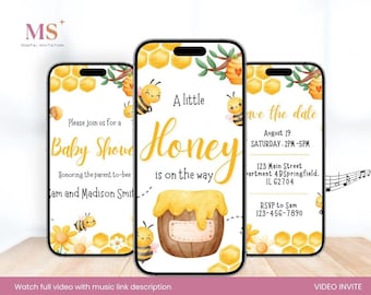 Convite de chá de bebê editável com vídeo para chá de bebê, convite animado para pais de abelhas para chá de bebê