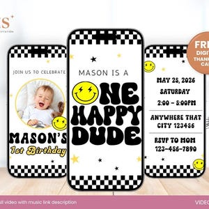 One Happy Dude First Birthday Video Invitation With Picture Animated Electronic Cool Boy 1st Birthday Party Invite Mobile Canva Template