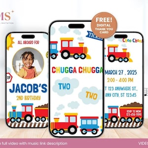 Könnte beinhalten: Eine digitale Einladung zu einer 2. Geburtstagsfeier mit Zug-Thema. Die Einladung zeigt ein Foto eines Kindes, einen Zug und den Text "Alle an Bord für Jacobs 2. Geburtstag".