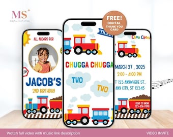Convite de aniversário Chugga Chugga Two Two, convite de vídeo editável para o segundo aniversário com tema de trem, convite de vídeo animado "Todos a bordo, meninos!"