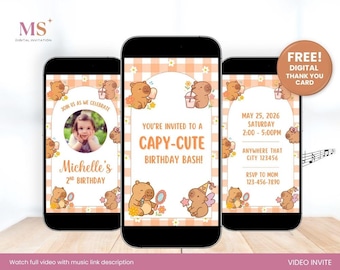 Capybara Video Invitation, Capybara Birthday, Capy Birthday, Kawaii Capybara, Editable Capybara Party Invite, Canva Template