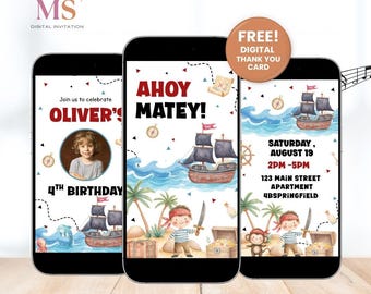 Convite de aniversário de pirata em vídeo editável, convite para festa de pirata infantil, convite de aniversário de pirata "Ahoy, marujos!", modelo do Canva