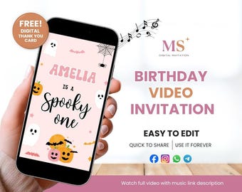Invitación de cumpleaños espeluznante, lindo fantasma rosa, invitación animada, invitación descargable, plantilla de Canva