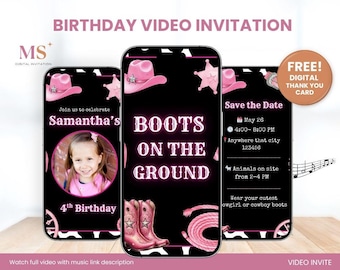 Convite de aniversário "Boots on the Ground", convite em vídeo para festa country, convite "Saddle Up Cowgirl", modelo de vídeo editável no Canva