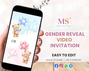 Invitación digital para revelar el género del bebé, invitación con osito de peluche, video animado para revelar el género del bebé, descarga instantánea editable