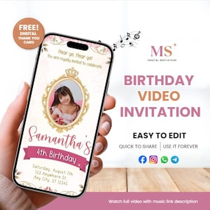 Invitación de video de cumpleaños de princesa, invitación animada de princesa, invitación de fiesta de cumpleaños de princesa real, plantilla de video editable de Canva