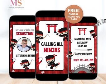 Plantilla editable de invitación de video para cumpleaños de ninja, invitación para fiesta de guerrero ninja, temática de artes marciales ninja, descarga instantánea