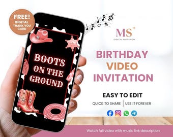 Invitación de cumpleaños de vaquera, invitación a fiesta de cumpleaños vaquera, plantilla de invitación de video de Canva