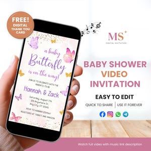 Butterfly Baby Shower Video Invitation, Editable Purple Gold Baby Shower Invite for Girl, Digital Video Evite Template
