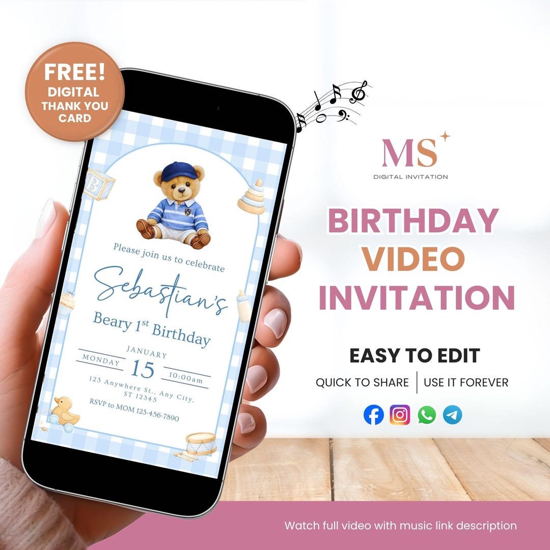 Beary First Birthday Video Invitation Template Blue Teddy Bear Boy 1st ...