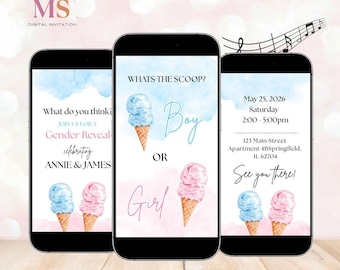 Invitación animada para revelar el sexo del bebé con temática de helados, invitación para fiesta de revelación de género "¿Qué hay de nuevo?", invitación digital editable para niño o niña.