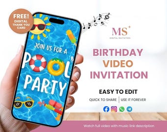 Pool Invitation, Pool Party Birthday, Video Invitation, Swimming Pool Party , Summer Birthday Party, Self-Edit Canva Video Template
