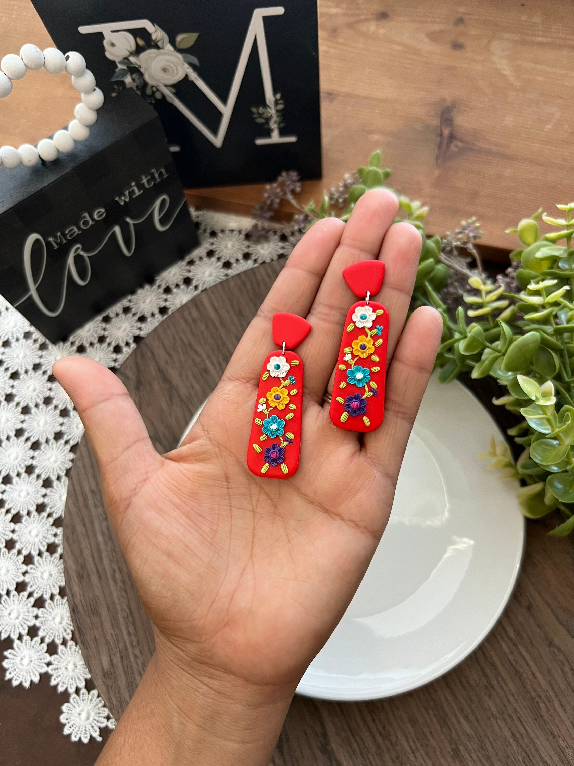 Mexican Floral Theme Dangle Clay Earrings! Different Colors to Choose ...