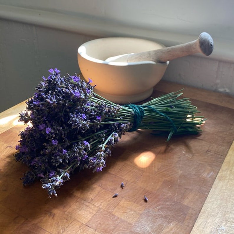 Op de afbeelding: Een bos lavendelbloemen gebonden met touw, liggend op een houten snijplank naast een witte keramische vijzel en stamper.
