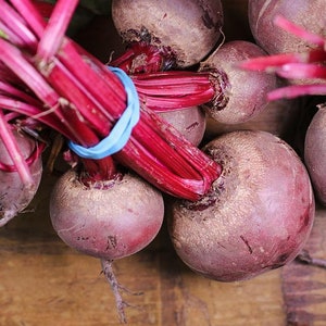 May include: A bunch of red beets with their leafy greens still attached. The beets are tied together with a blue rubber band. The beets are on a wooden surface.