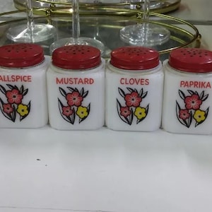 Vintage 8 Piece Tipp City Glass Spice Shakers Set – White Glass with Red Lids