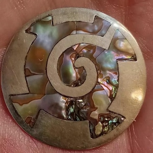 Vintage 925 Sterling Silver Abalone Shell Brooch | Round Mexico Pin