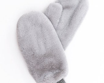 Women's Fur Mittens Handmade Double Mittens Faux Fur Upper Knit Lining Cozy Warm Handmade Mitts Cold Weather Accessories