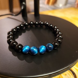 Protection/Grounding Crystal Bracelet, Grade AAA Onyx and Blue Tigers Eye, Handmade High Quality Crystal bracelet, Stretchy/Comfy, Gift Idea