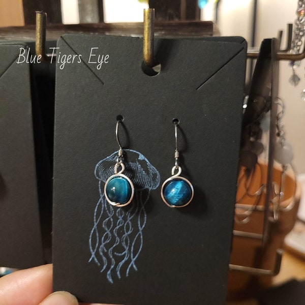 Wire Crystal Earrings, Hypoallergenic, Handmade, Customizable; Blue Tigers Eye, Rose Quartz, Aquamarine, Moonstone, Labradorite,Fluorite,etc