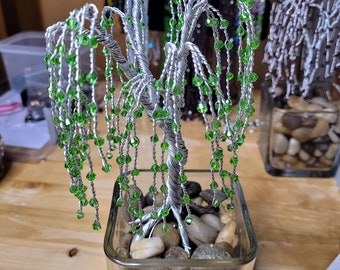 Green Weeping Willow, Handmade Wire Tree, Sparkly Green Wire Tree, Sculpture, Art, Decoration, Glass Bowl and Rocks Included