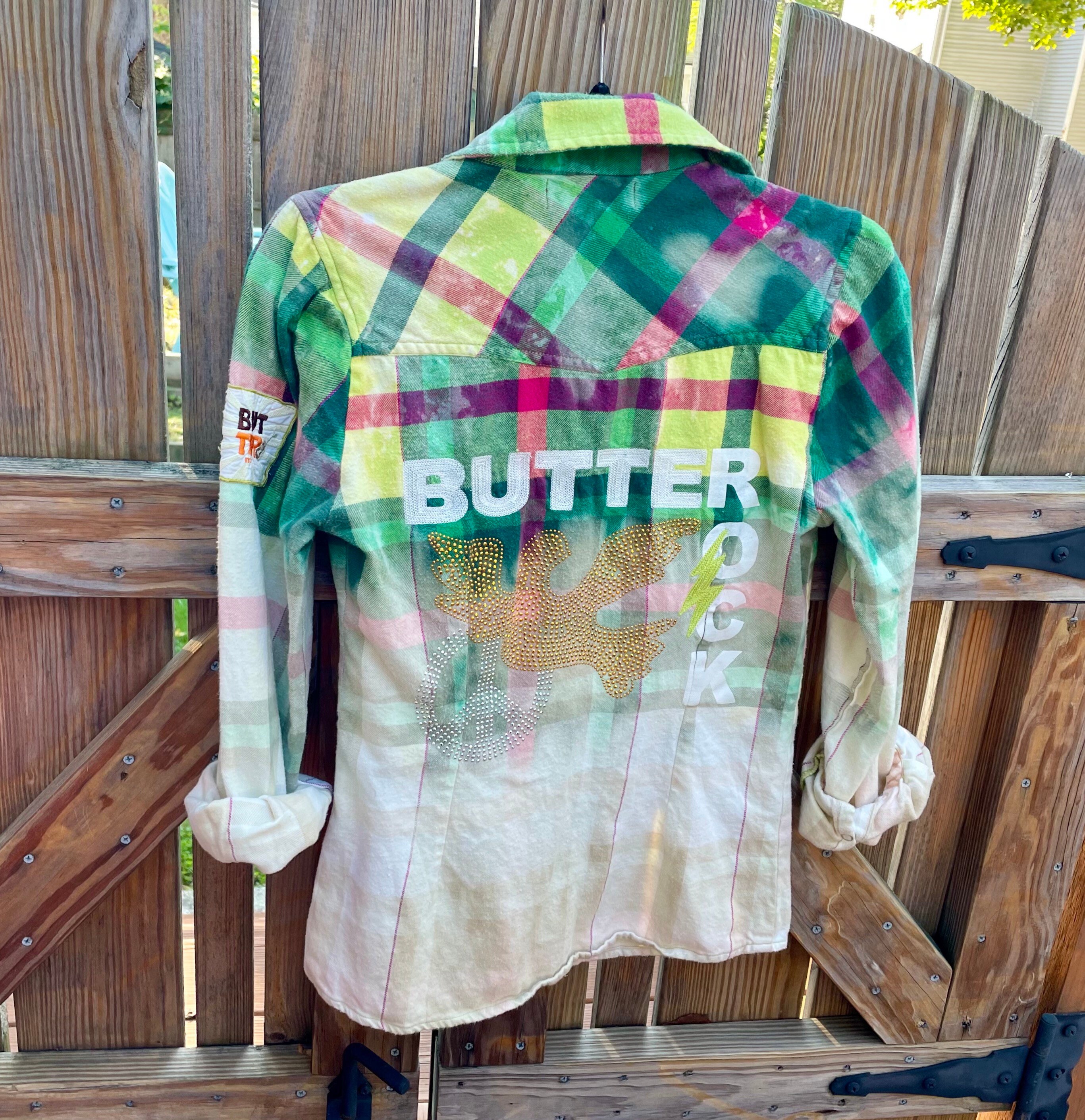 Pumpkin Plaid Distressed Bleached Flannel Shirt Long-sleeved