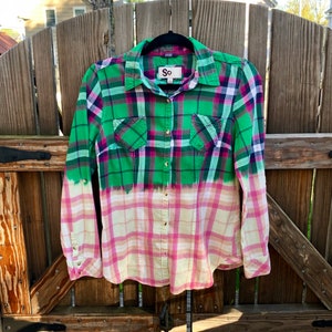 Kids Flannel Shirt, size L,  bleached, dipped dyed, distresssed, country plaid shirt, SO brand, bleached flannel, green plaid, girls flannel