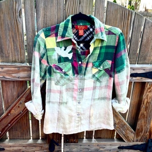 Bleached Flannel Shirt, size S, Butter, dip dyed flannel, plaid shirt, Hippie flannel shirt, embroidered, patches, bedazzled flannel