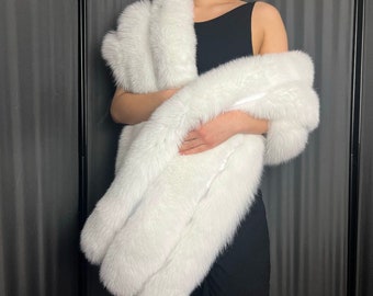 Abrigo blanco de piel de zorro azul oscuro con forro de satén (Saga Furs) (Unisex)