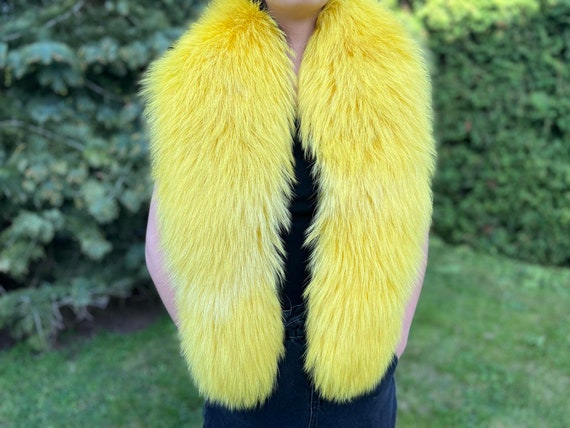 Silver Fox Fur Shawl Bright Yellow Unisex Satin Lined Stole