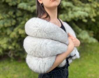 Abrigo de piel de zorro azul oscuro blanco con forro de satén (Saga Furs) (Unisex)