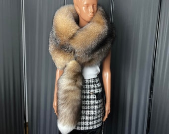 Amber frost fox fur double side wrap with one tail and hook eye closure (Saga Furs) (Unisex)