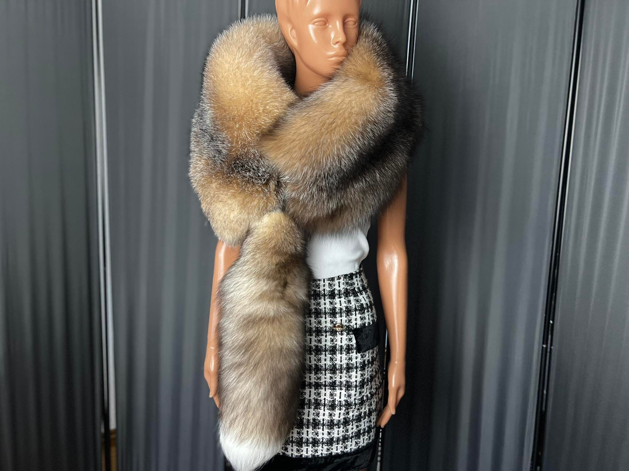 Amber Frost Fox Fur Double Side Wrap With One Tail and Hook