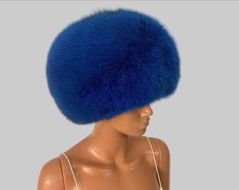 Dark Blue Shadow Blue Fox Fur Round Hat (Saga Furs) (Unisex)