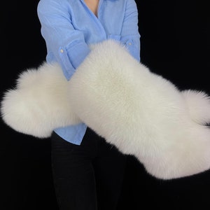 Shadow blue fox fur white mittens with wool lining (Saga Furs) (Custom fit)