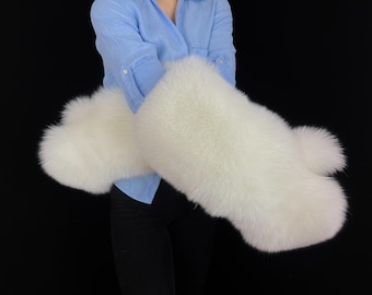 Shadow blue fox fur white mittens with wool lining (Saga Furs) (Custom fit)