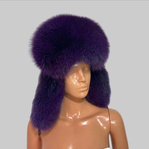 Trapper Hat Shadow Blue Fox Fur In Purple With Leather Top (Saga Furs) (Unisex)
