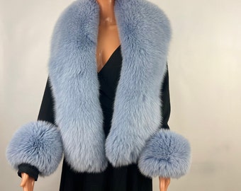 Étole bleue en fourrure de renard bleu ombré avec poignets/queues (Saga Furs)