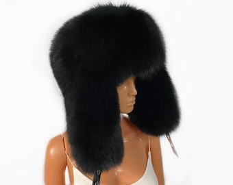 Chapeau de trappeur noir ushanka en renard bleu ombre (réglable) (Saga Furs)