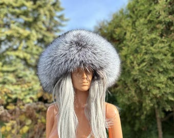 Luxurious Silver Fox Fur Oversized Round Hat – Unisex From Saga Furs