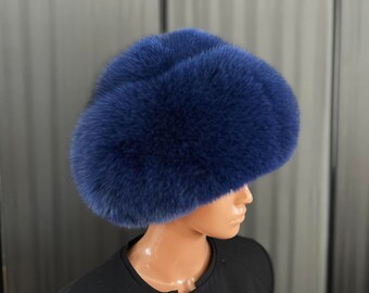 Cappello Di Lusso In Volpe Artic Blu Fatta A Mano &ndash; Stile Cosacco Con Coda Rimovibile &ndash; Lituania